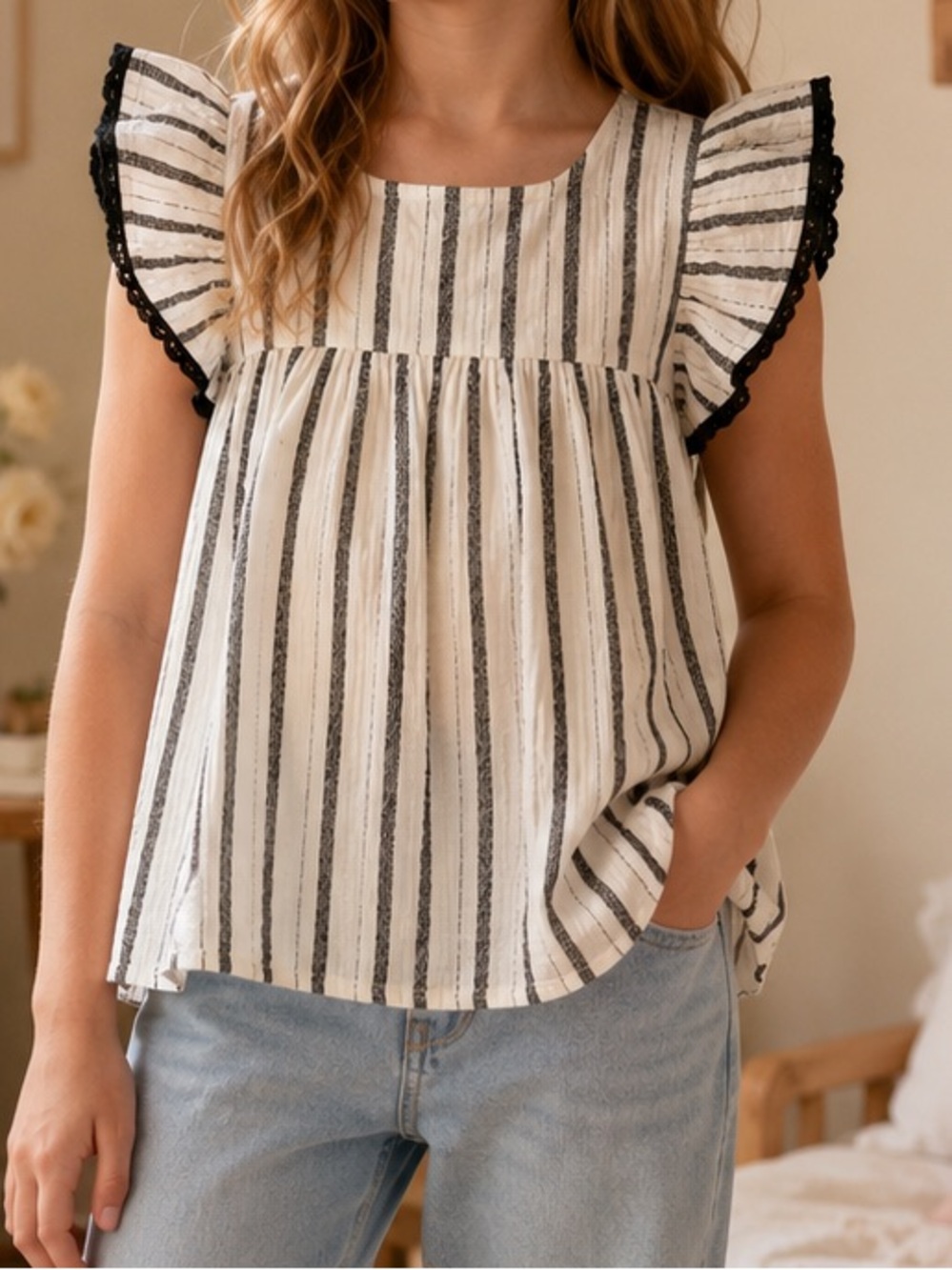 Jessica Simpson Girl Cream Top with Black Stripes size 10 100% Cotton